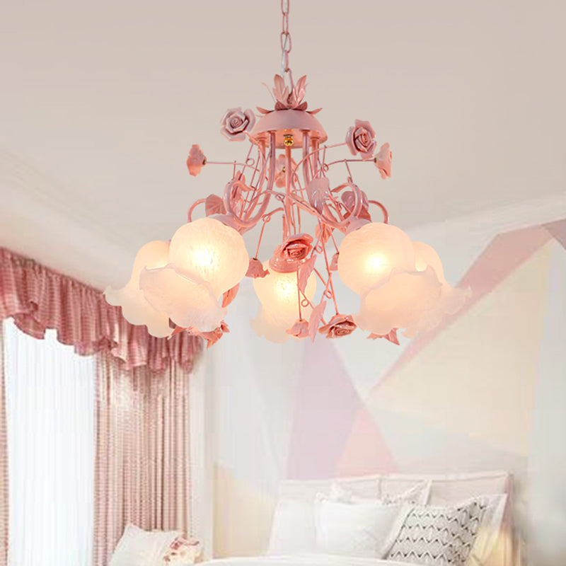 Metal Rose Chandelier Lamp Korean Flower 5 Lights Living Room Suspension Lighting in Pink Clearhalo 'Ceiling Lights' 'Chandeliers' Lighting' options 400717