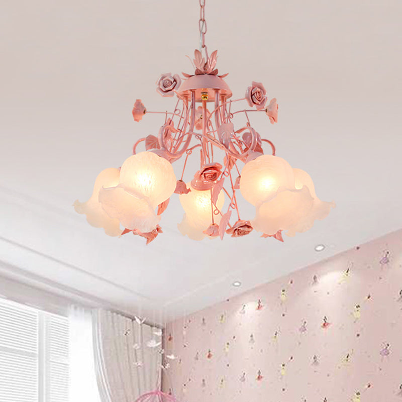 Metal Rose Chandelier Lamp Korean Flower 5 Lights Living Room Suspension Lighting in Pink Clearhalo 'Ceiling Lights' 'Chandeliers' Lighting' options 400718