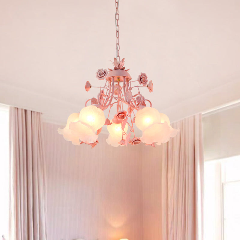 Metal Rose Chandelier Lamp Korean Flower 5 Lights Living Room Suspension Lighting in Pink Clearhalo 'Ceiling Lights' 'Chandeliers' Lighting' options 400719