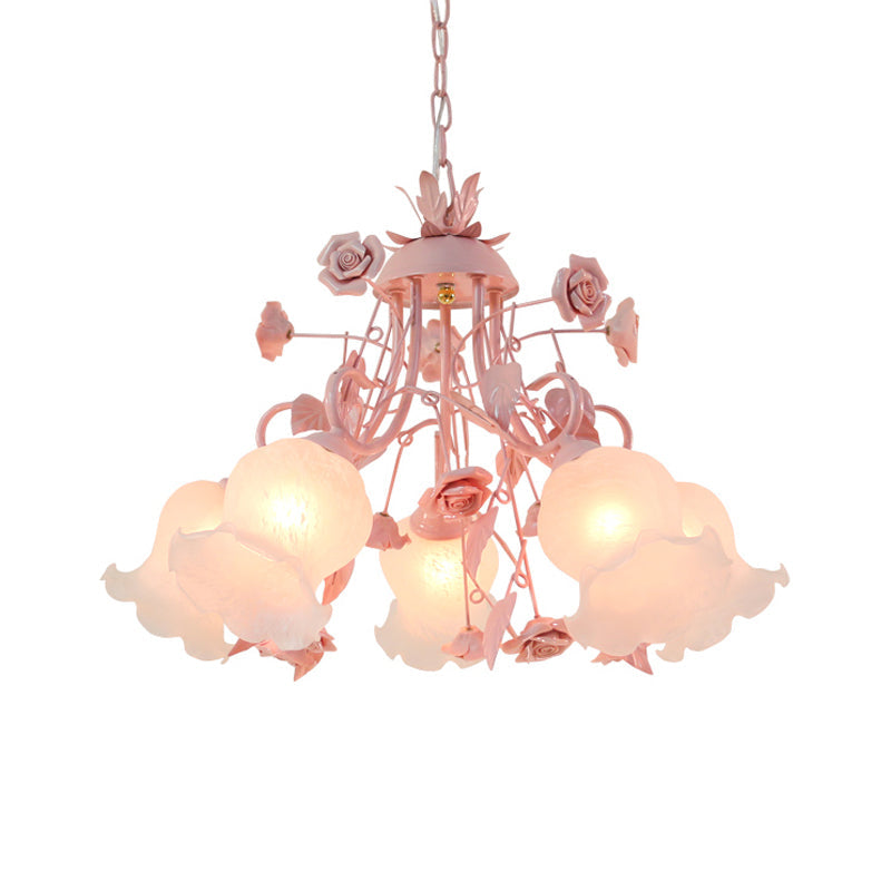 Metal Rose Chandelier Lamp Korean Flower 5 Lights Living Room Suspension Lighting in Pink Clearhalo 'Ceiling Lights' 'Chandeliers' Lighting' options 400720