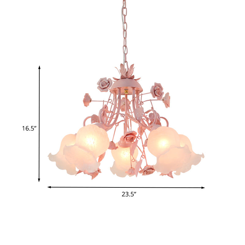 Metal Rose Chandelier Lamp Korean Flower 5 Lights Living Room Suspension Lighting in Pink Clearhalo 'Ceiling Lights' 'Chandeliers' Lighting' options 400721