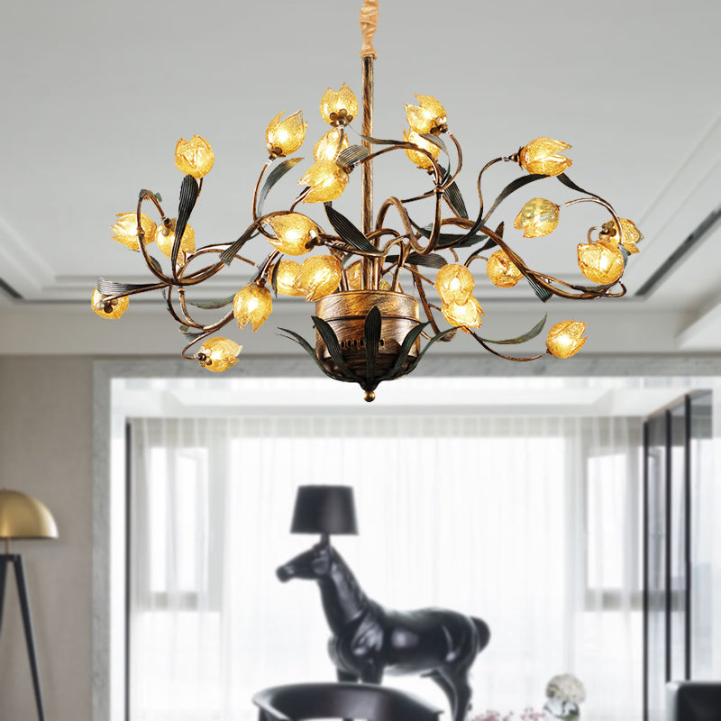 Tulip Metal Chandelier Light Pastoral 25 Bulbs Living Room LED Pendant Lighting Fixture in Brass Clearhalo 'Ceiling Lights' 'Chandeliers' Lighting' options 400887