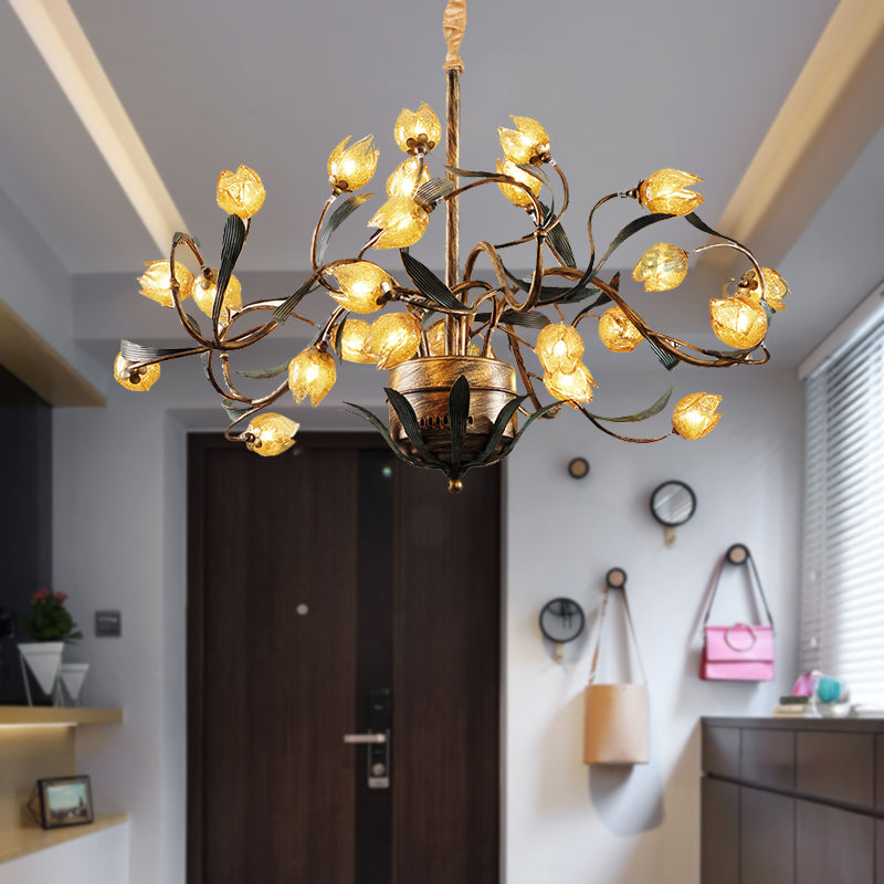 Tulip Metal Chandelier Light Pastoral 25 Bulbs Living Room LED Pendant Lighting Fixture in Brass Clearhalo 'Ceiling Lights' 'Chandeliers' Lighting' options 400888