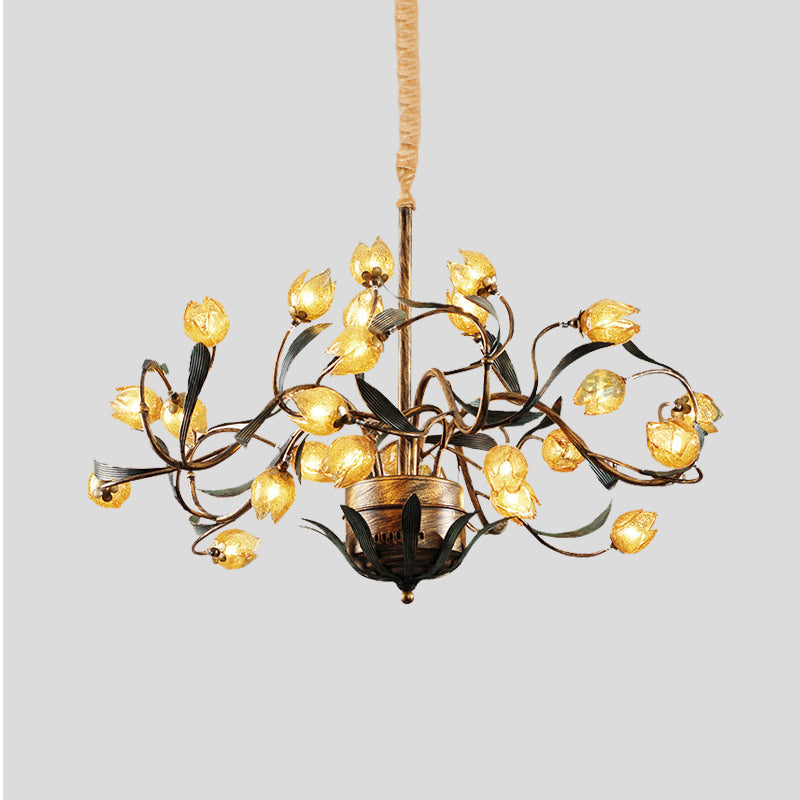 Tulip Metal Chandelier Light Pastoral 25 Bulbs Living Room LED Pendant Lighting Fixture in Brass Clearhalo 'Ceiling Lights' 'Chandeliers' Lighting' options 400890