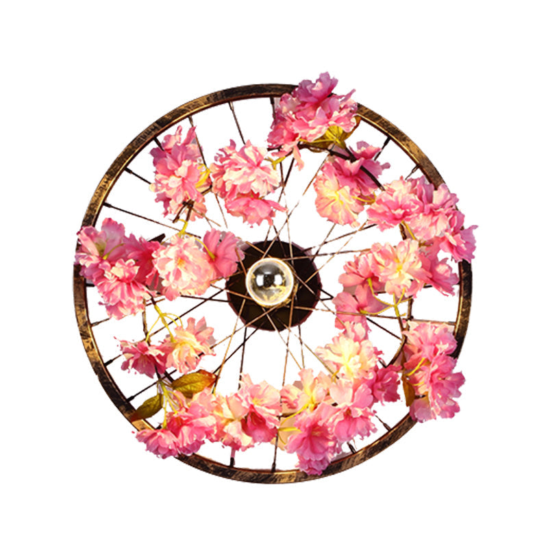 Antique Wheel Wall Mount Lighting LED Metal Cherry Blossom Wall Sconce Light in Brass, 12.5