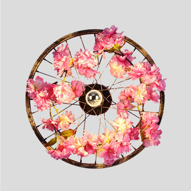 Antique Wheel Wall Mount Lighting LED Metal Cherry Blossom Wall Sconce Light in Brass, 12.5