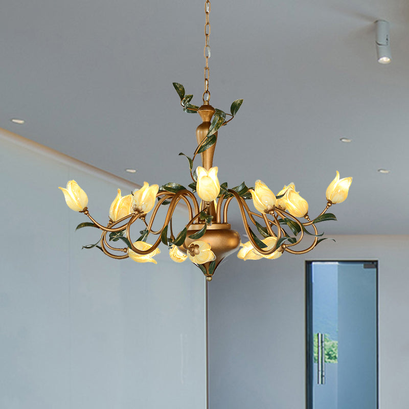 Tulip Metal Chandelier Pendant Light Romantic Pastoral 15 Heads Living Room LED Suspension Lighting in Gold Gold Clearhalo 'Ceiling Lights' 'Chandeliers' Lighting' options 401299_4a44a302-0f14-456b-8eea-51f1bc4e20ca