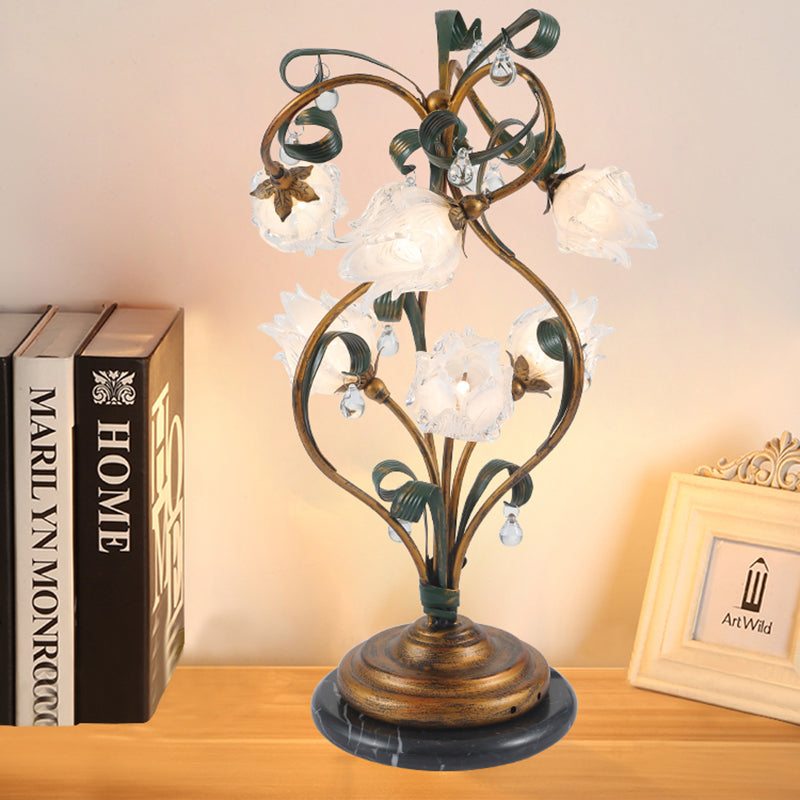 6 Bulbs Floral Table Lamp Pastoral Style Brass Metal LED Nightstand Lighting for Bedroom Clearhalo 'Lamps' 'Table Lamps' Lighting' 401688