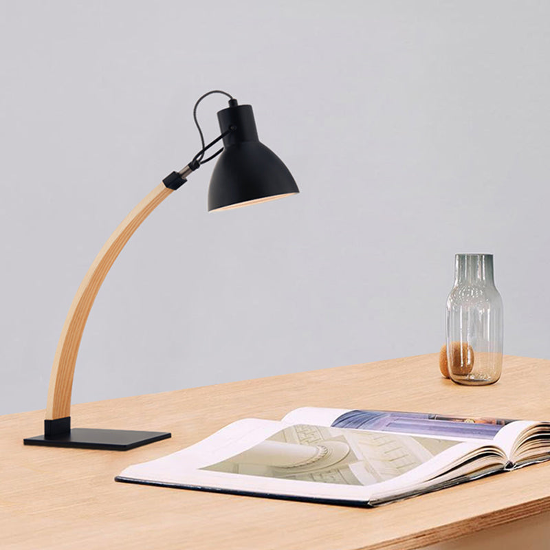 Domed Table Light Modern Metal 1 Head White/Black Small Desk Lamp with Curved Wood Arm Black Clearhalo 'Lamps' 'Table Lamps' Lighting' 401912