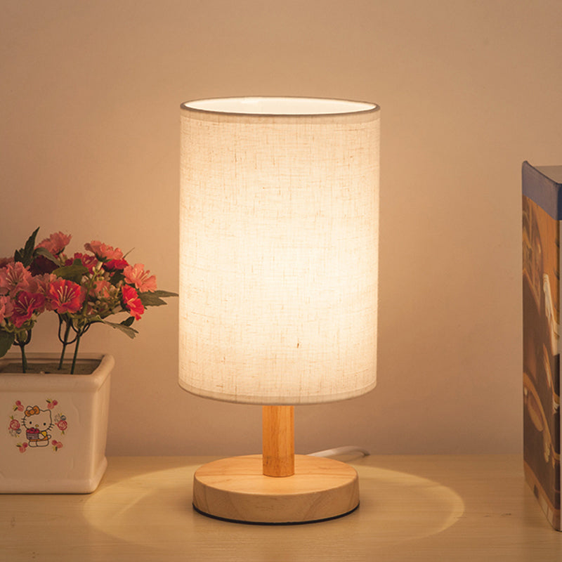 Fabric Cylinder Task Lighting Japanese 1 Bulb Reading Lamp in White/Flaxen with Wood Base Flaxen Clearhalo 'Lamps' 'Table Lamps' Lighting' 402014