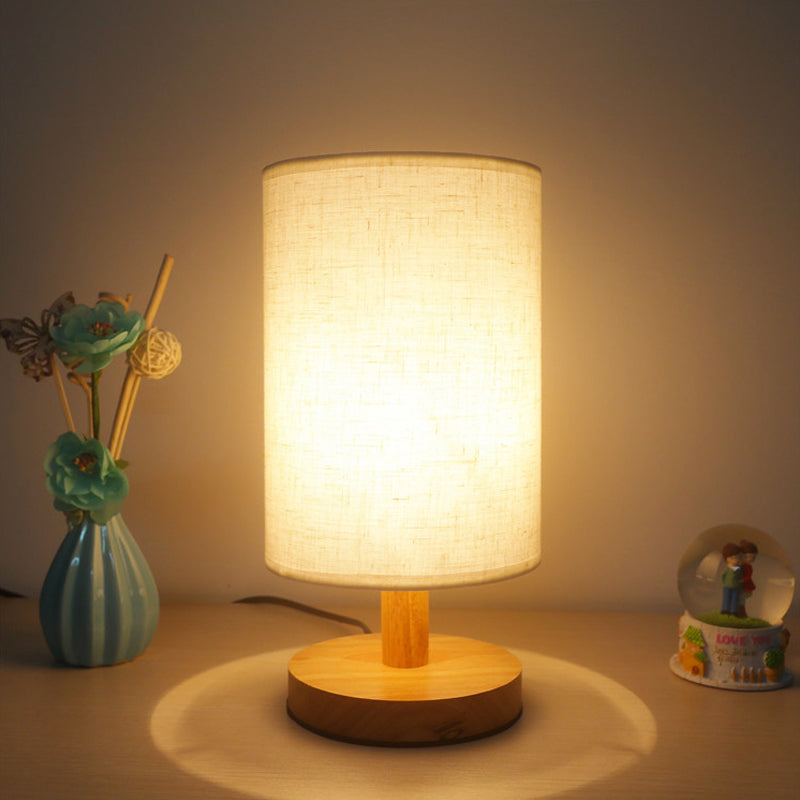 Fabric Cylinder Task Lighting Japanese 1 Bulb Reading Lamp in White/Flaxen with Wood Base Clearhalo 'Lamps' 'Table Lamps' Lighting' 402016