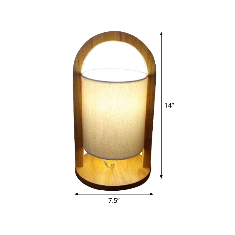 Cylindrical Task Light Modernism Fabric 1 Bulb Nightstand Lamp in White with Wood Handle Clearhalo 'Lamps' 'Table Lamps' Lighting' 402032