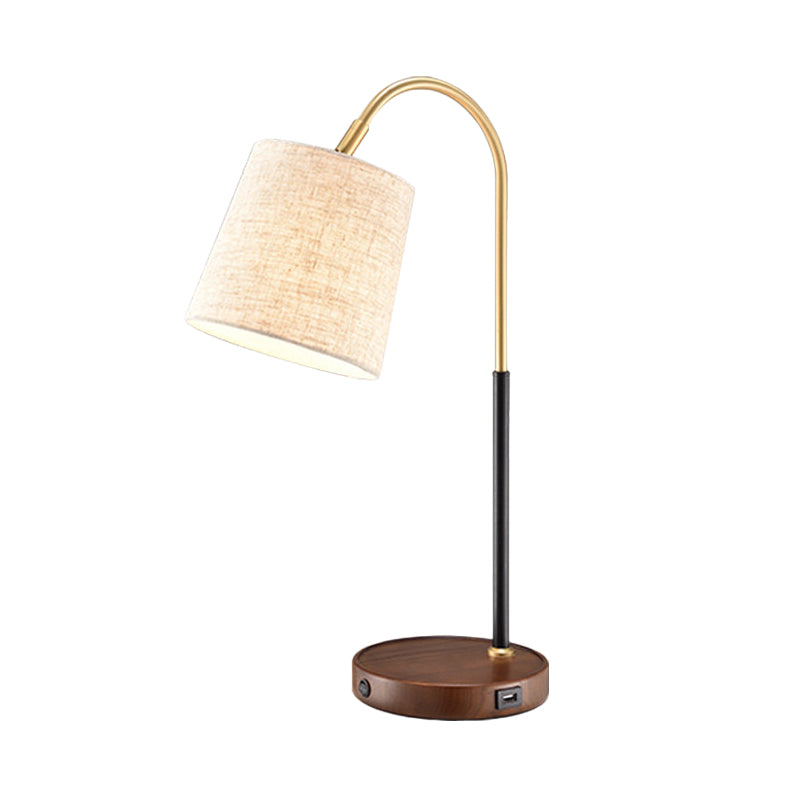 Fabric Barrel Desk Light Modern 1 Bulb Red Brown/Beige Night Table Lamp with Curvy Metal Arm Clearhalo 'Lamps' 'Table Lamps' Lighting' 402045