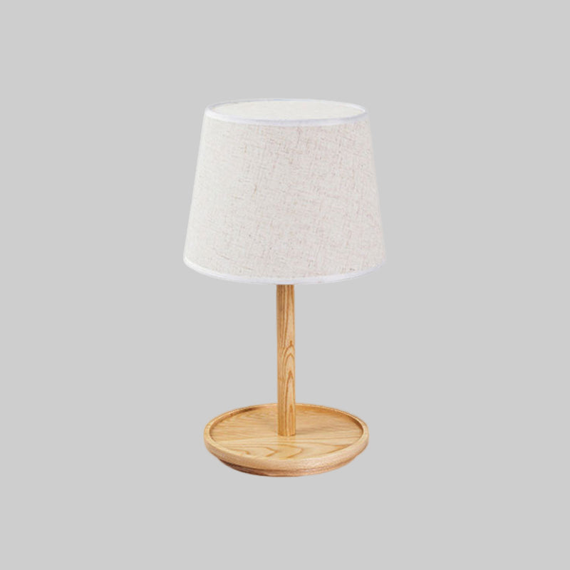 Barrel Task Lamp Modernist Fabric 1 Bulb White Table Light, Round Beige Wood Base Clearhalo 'Lamps' 'Table Lamps' Lighting' 402094