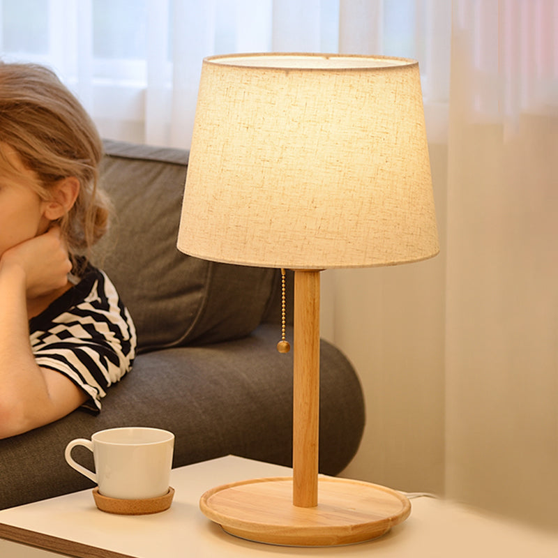 1 Head Conical Table Light Modernist Fabric Small Desk Lamp in Red Brown/Wood with Pull Chain Clearhalo 'Lamps' 'Table Lamps' Lighting' 402121