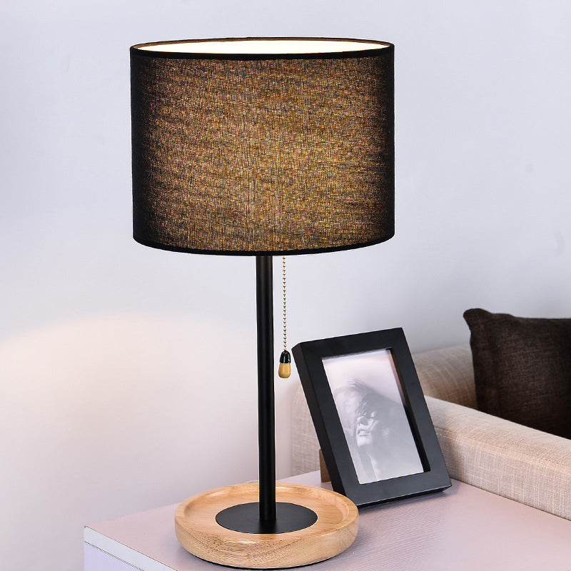 Modernist Cylinder Task Light Fabric 1 Bulb Reading Lamp in Black/Flaxen with Pull Chain Black Clearhalo 'Lamps' 'Table Lamps' Lighting' 402143