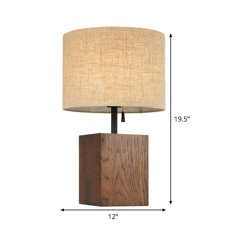 Flaxen Cylinder Desk Light Modern 1 Bulb Fabric Table Lamp, Brown Rectangular Wood Base Clearhalo 'Lamps' 'Table Lamps' Lighting' 402161