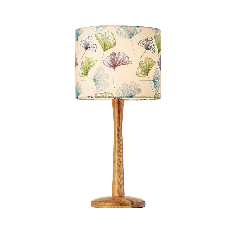 Wood Barrel Study Lamp Modernism 1 Head Fabric Task Lighting with Butterfly/Flower Pattern Clearhalo 'Lamps' 'Table Lamps' Lighting' 402165