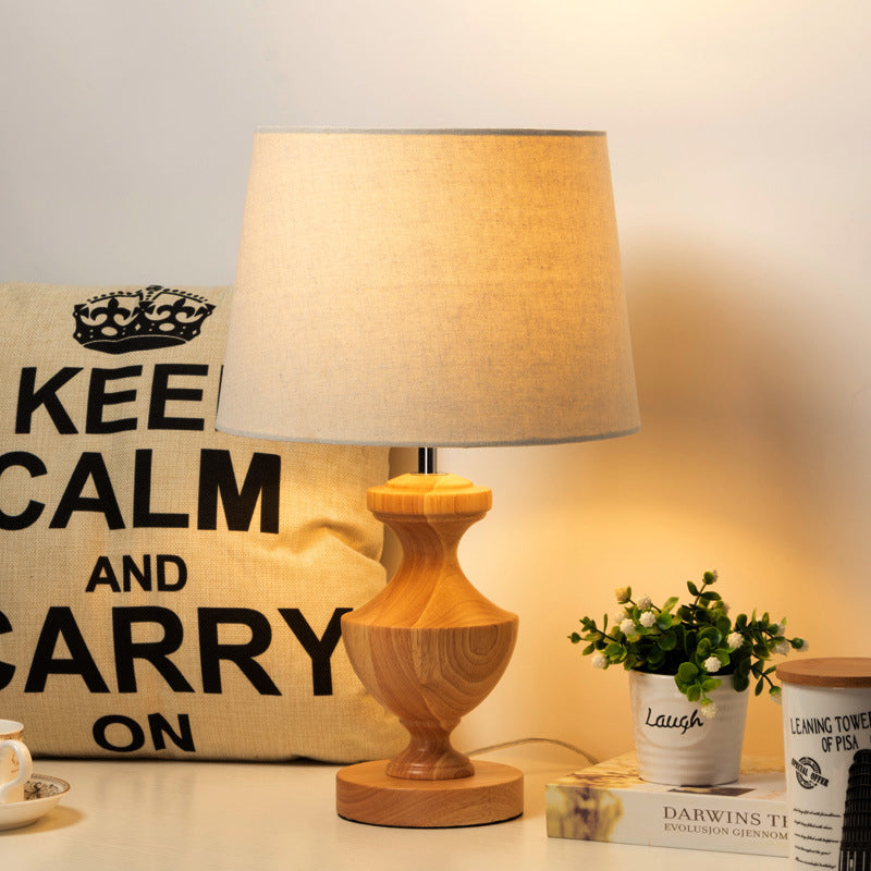 Urn Shape Nightstand Lamp Modern Wood 1 Bulb Reading Light in Beige with Fabric Shade Wood Clearhalo 'Lamps' 'Table Lamps' Lighting' 402196