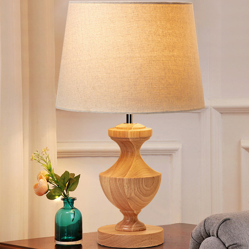 Urn Shape Nightstand Lamp Modern Wood 1 Bulb Reading Light in Beige with Fabric Shade Clearhalo 'Lamps' 'Table Lamps' Lighting' 402197