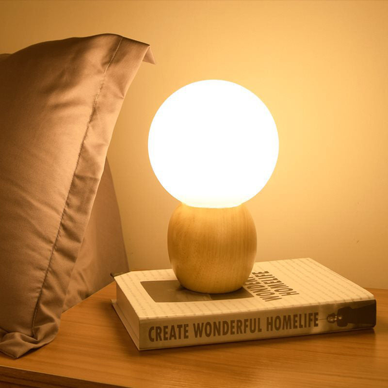 White Glass Spherical Task Lighting Contemporary 1 Bulb Reading Book Light in Wood Wood Clearhalo 'Lamps' 'Table Lamps' Lighting' 402330