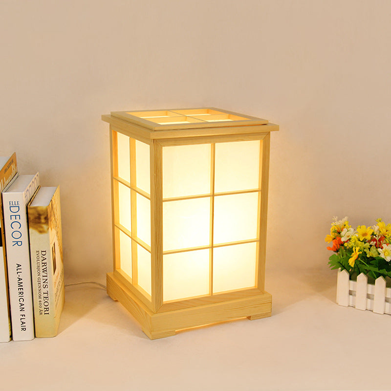 1 Head Bedroom Table Lamp Chinese Beige Reading Book Light with House Wood Shade Clearhalo 'Lamps' 'Table Lamps' Lighting' 402370