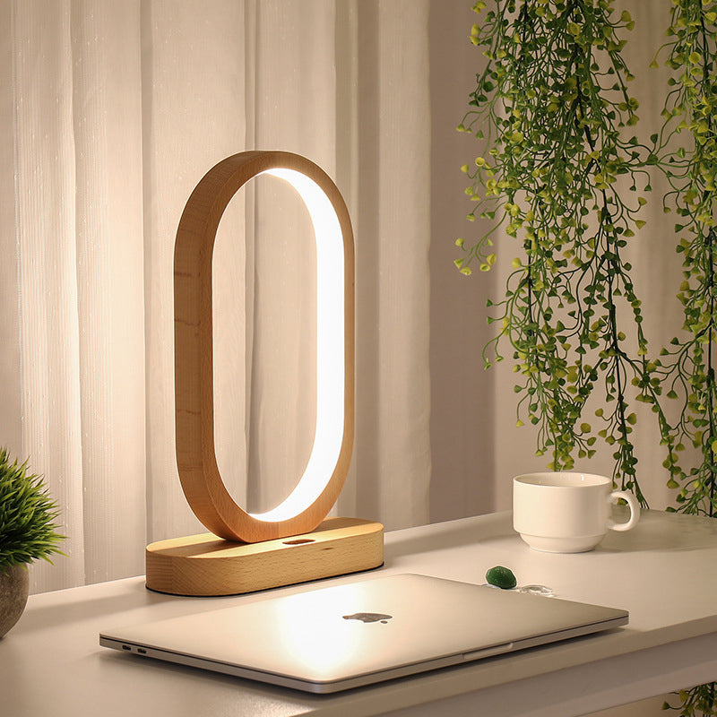 Contemporary LED Nightstand Lamp Beige Oblong Reading Book Light with Wood Shade Clearhalo 'Lamps' 'Table Lamps' Lighting' 402443