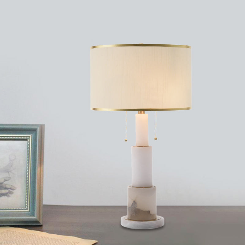 White Cylinder Desk Light Modern 2 Heads Fabric Night Table Lamp with Pull Chain Clearhalo 'Lamps' 'Table Lamps' Lighting' 402672