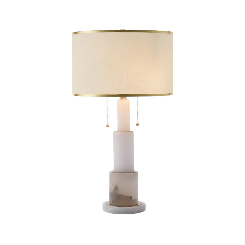 White Cylinder Desk Light Modern 2 Heads Fabric Night Table Lamp with Pull Chain Clearhalo 'Lamps' 'Table Lamps' Lighting' 402673