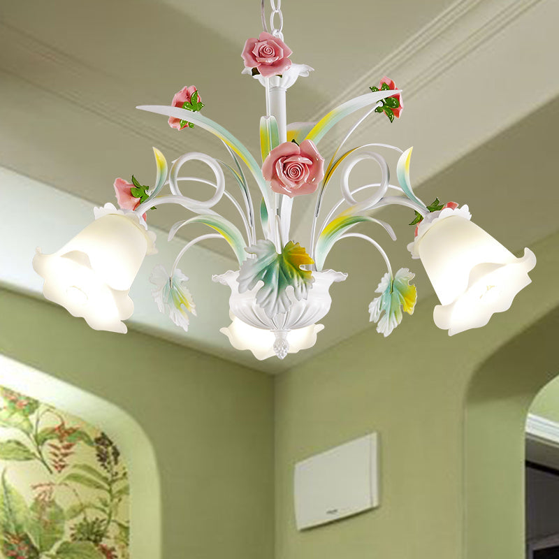 White Glass Rose Chandelier Light Countryside 3 Bulbs Living Room Pendant Lighting Fixture Clearhalo 'Ceiling Lights' 'Chandeliers' 'Glass shade' 'Glass' Lighting' 402677