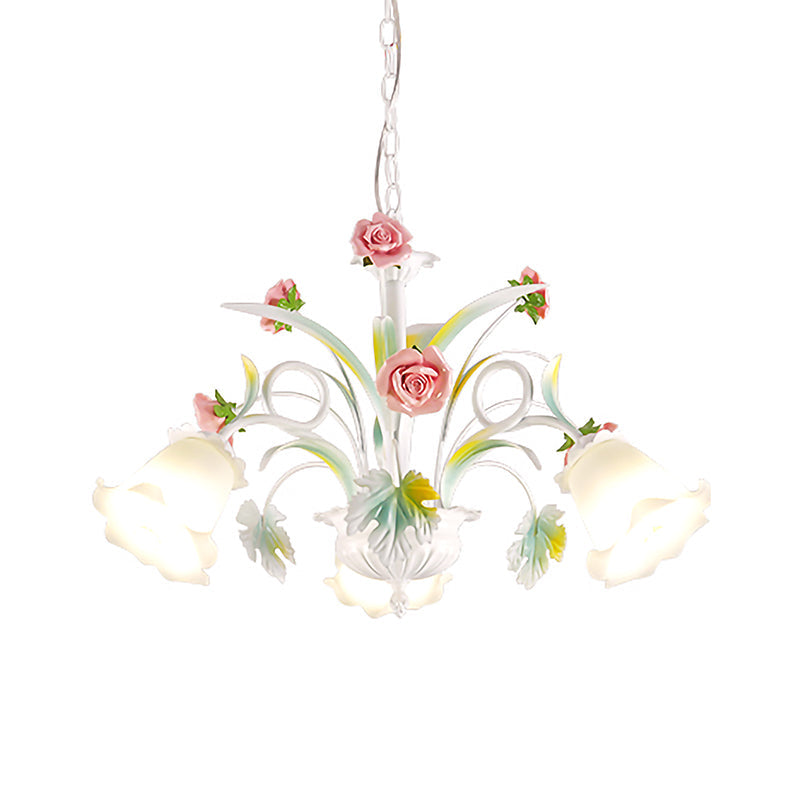 White Glass Rose Chandelier Light Countryside 3 Bulbs Living Room Pendant Lighting Fixture Clearhalo 'Ceiling Lights' 'Chandeliers' 'Glass shade' 'Glass' Lighting' 402679