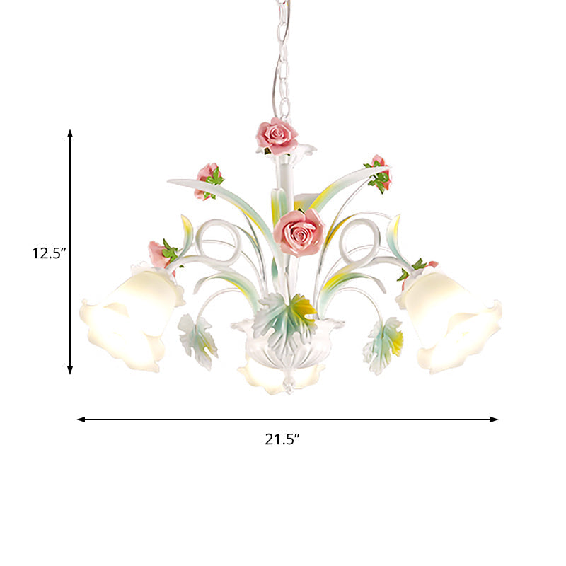 White Glass Rose Chandelier Light Countryside 3 Bulbs Living Room Pendant Lighting Fixture Clearhalo 'Ceiling Lights' 'Chandeliers' 'Glass shade' 'Glass' Lighting' 402680