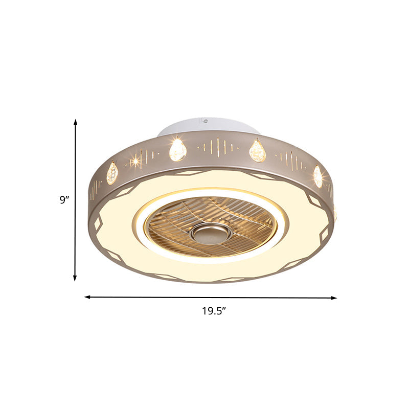 Circle Bedroom Semi Flush Mount Light Modern Acrylic LED Champagne Hanging Ceiling Fan Lamp, 19.5