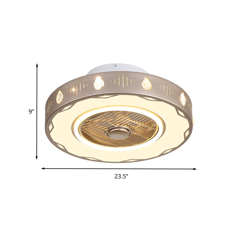 Circle Bedroom Semi Flush Mount Light Modern Acrylic LED Champagne Hanging Ceiling Fan Lamp, 19.5