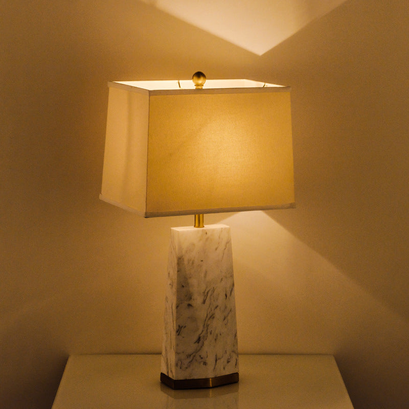 White Trapezoid Table Light Modernism 1 Head Fabric Reading Lamp with Marble Base Clearhalo 'Lamps' 'Table Lamps' Lighting' 402730