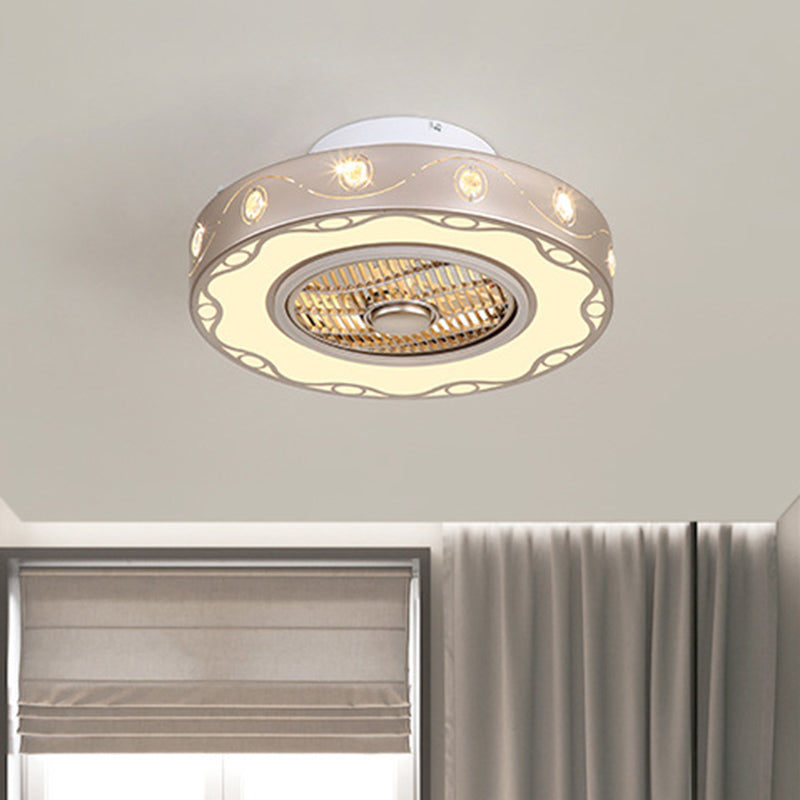 Metallic Drum Semi Flush Light Fixture Modern Bedroom LED Ceiling Pendant Fan Lamp in Light Gold, 19.5