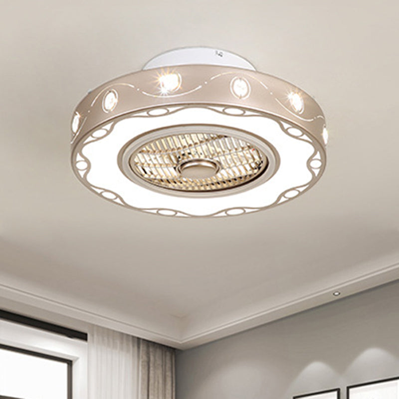 Metallic Drum Semi Flush Light Fixture Modern Bedroom LED Ceiling Pendant Fan Lamp in Light Gold, 19.5