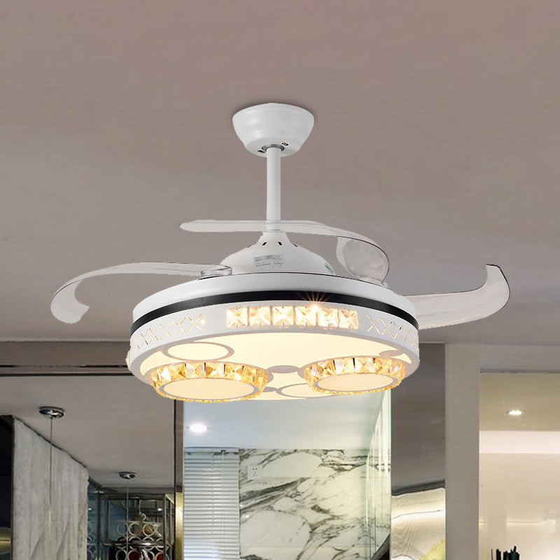 White LED Semi Flushmount Modernist Crystal Circle 3 Clear Blades Ceiling Fan Lamp with Four Rings/Musical Note Pattern, 42