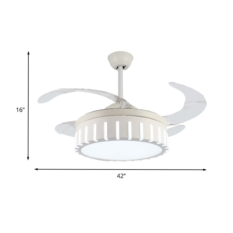 Simple Drum Semi Flush Ceiling Lamp Metal LED Pendant Fan Light in White with 4 Clear Blades for Bedroom, 42