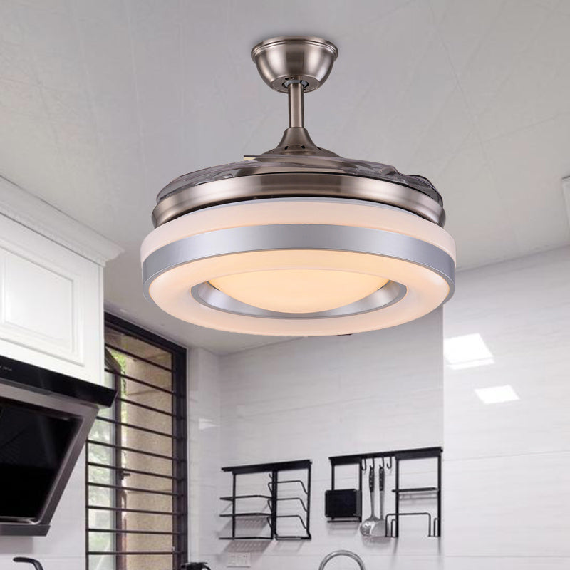 Silver/Gold LED Semi Flush Mount Light Modern Metal Round 4 Blades Hanging Fan Lamp Fixture with Remote Control, 36