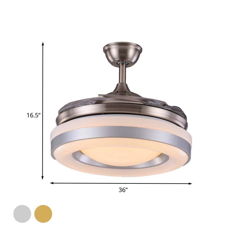 Silver/Gold LED Semi Flush Mount Light Modern Metal Round 4 Blades Hanging Fan Lamp Fixture with Remote Control, 36