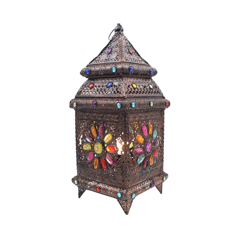 Lantern Bedroom Night Table Lighting Bohemian Metal 1 Bulb Bronze Nightstand Lamp Clearhalo 'Lamps' 'Table Lamps' Lighting' 402986