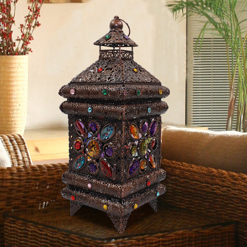 1-Light Metal Night Table Lamp Bohemian Bronze Lantern Living Room Nightstand Lighting Bronze Clearhalo 'Lamps' 'Table Lamps' Lighting' 403012