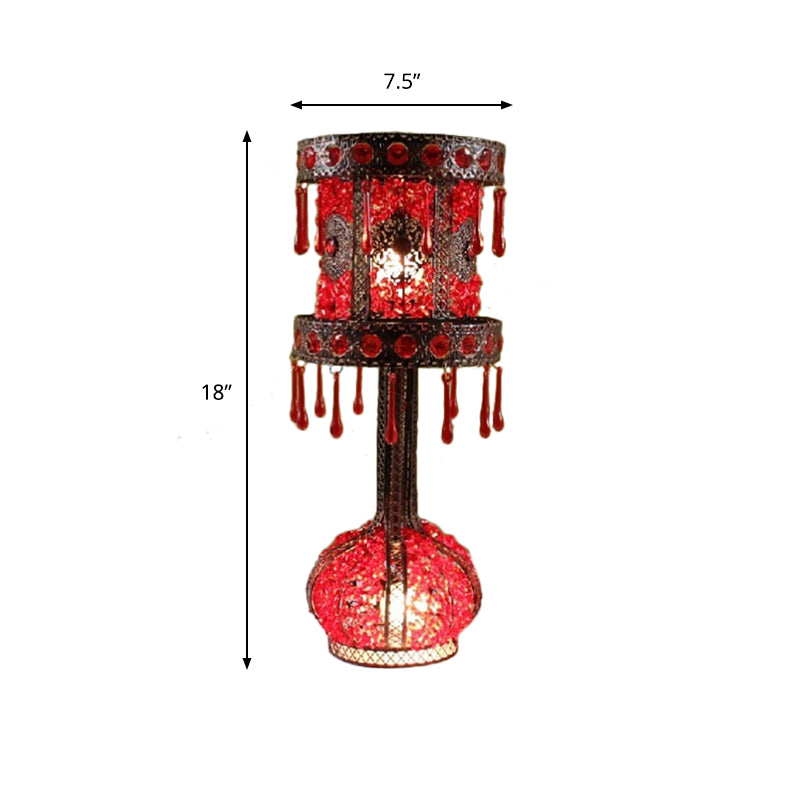 Red Cylinder Night Table Light Bohemian Metal 2 Bulbs Living Room Nightstand Lighting with Acrylic Decoration Clearhalo 'Lamps' 'Table Lamps' Lighting' 403067