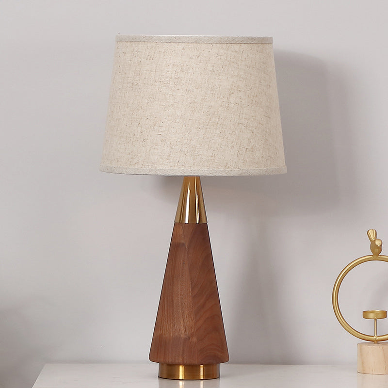 Brown Trapezoid Task Lighting Modernism 1 Head Fabric Reading Lamp with Wood Base Clearhalo 'Lamps' 'Table Lamps' Lighting' 403165