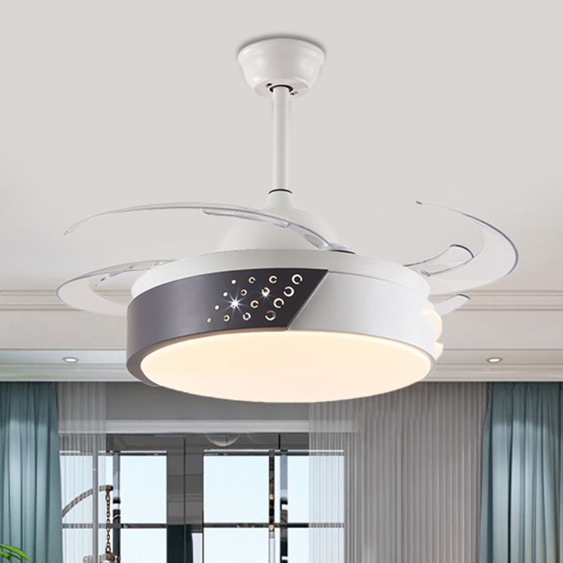 Acrylic Ring Pendant Fan Light Minimalism LED Bedroom Semi Flush Mount Lighting in Black and White with 4 Blades, 42