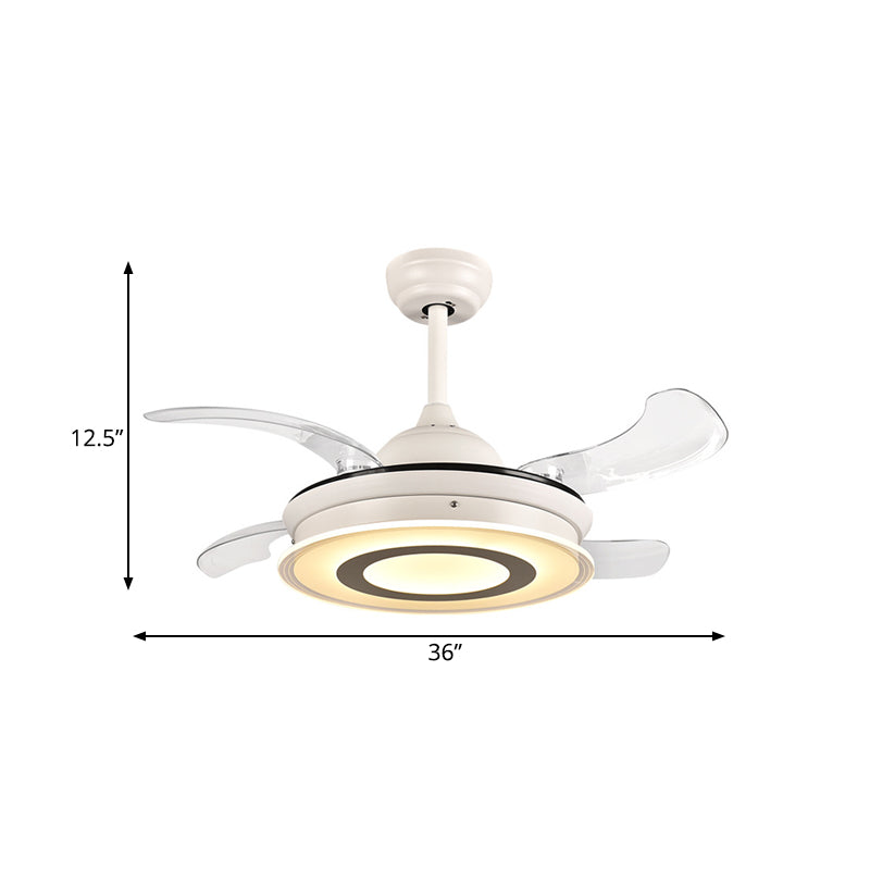 Acrylic Circle Pendant Fan Light Modernism LED Living Room Semi Flush Mount Lighting in White with 4 Clear Blades, 36