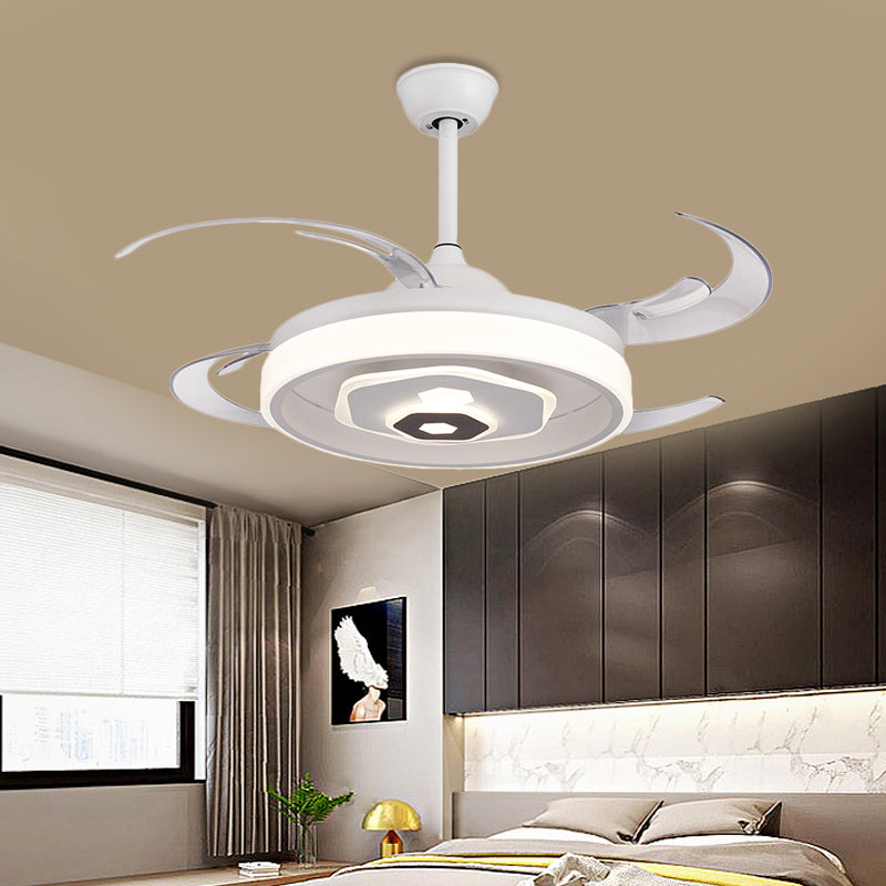 LED Ceiling Fan Lighting Simple Bedroom Semi Flush Light Fixture with Round Acrylic Shade in White with 4 Clear Blades, 42