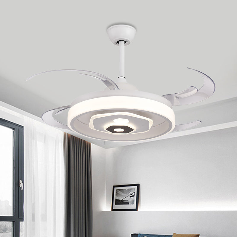 LED Ceiling Fan Lighting Simple Bedroom Semi Flush Light Fixture with Round Acrylic Shade in White with 4 Clear Blades, 42