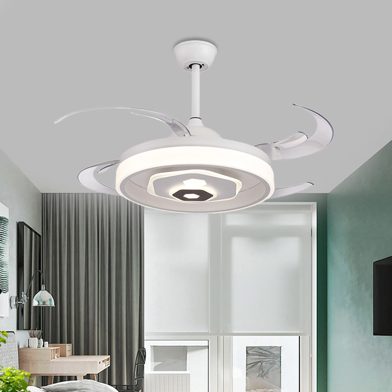 LED Ceiling Fan Lighting Simple Bedroom Semi Flush Light Fixture with Round Acrylic Shade in White with 4 Clear Blades, 42